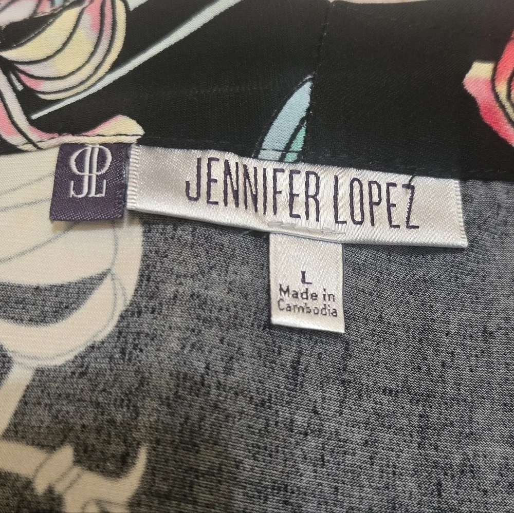 Jennifer Lopez Black Floral Faux-Wrap Fitted Dress, Size Large